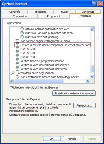 Svuotare la cache di Internet Explorer 7 quando è chiuso