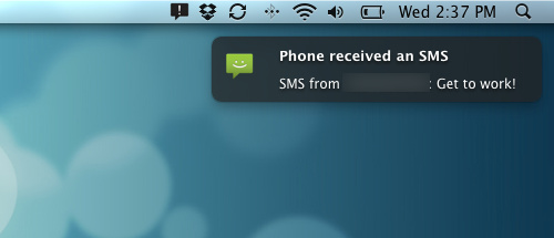 Android Notifier mostra un aggiornamento relativo all'arrivo di un nuovo SMS su un computer Apple