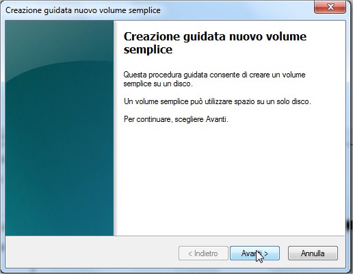 procedura guidata per la creazione di un nuovo volume semplice su Windows sette